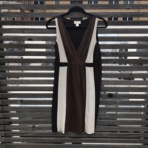 LOFT Brown and Cream Striped V-Neck Dress